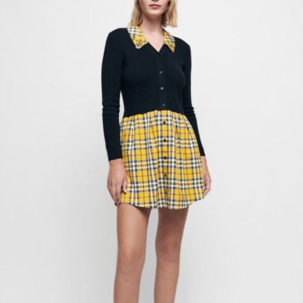 Maje Rigitte Collar Black Yellow Knit Dress
